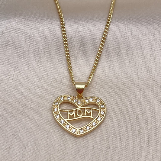 Oro Laminado Pendant Necklace, Gold Filled Style Mom and Heart Design, with White Cubic Zirconia, Polished, Golden Finish