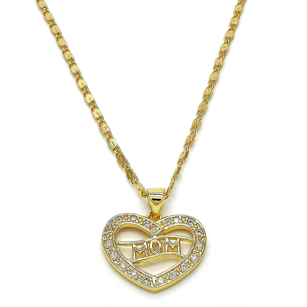 Oro Laminado Pendant Necklace, Gold Filled Style Mom and Heart Design, with White Cubic Zirconia, Polished, Golden Finish