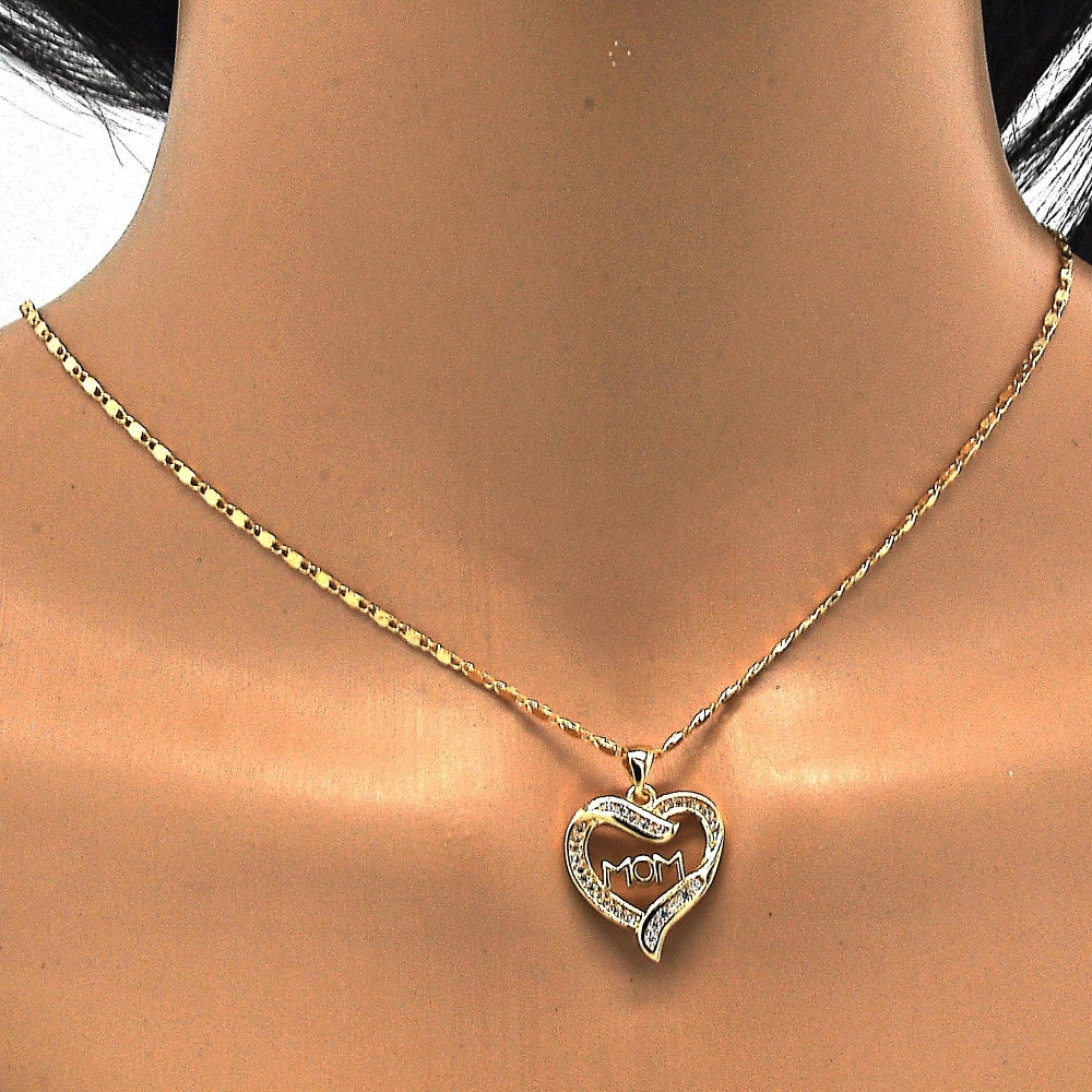 Oro Laminado Pendant Necklace, Gold Filled Style Mom and Heart Design, with White Micro Pave and White Cubic Zirconia, Polished, Golden Finish