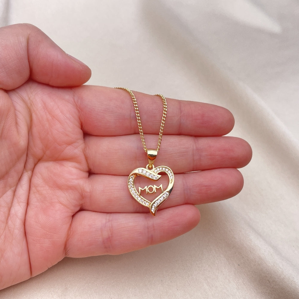 Oro Laminado Pendant Necklace, Gold Filled Style Mom and Heart Design, with White Micro Pave and White Cubic Zirconia, Polished, Golden Finish