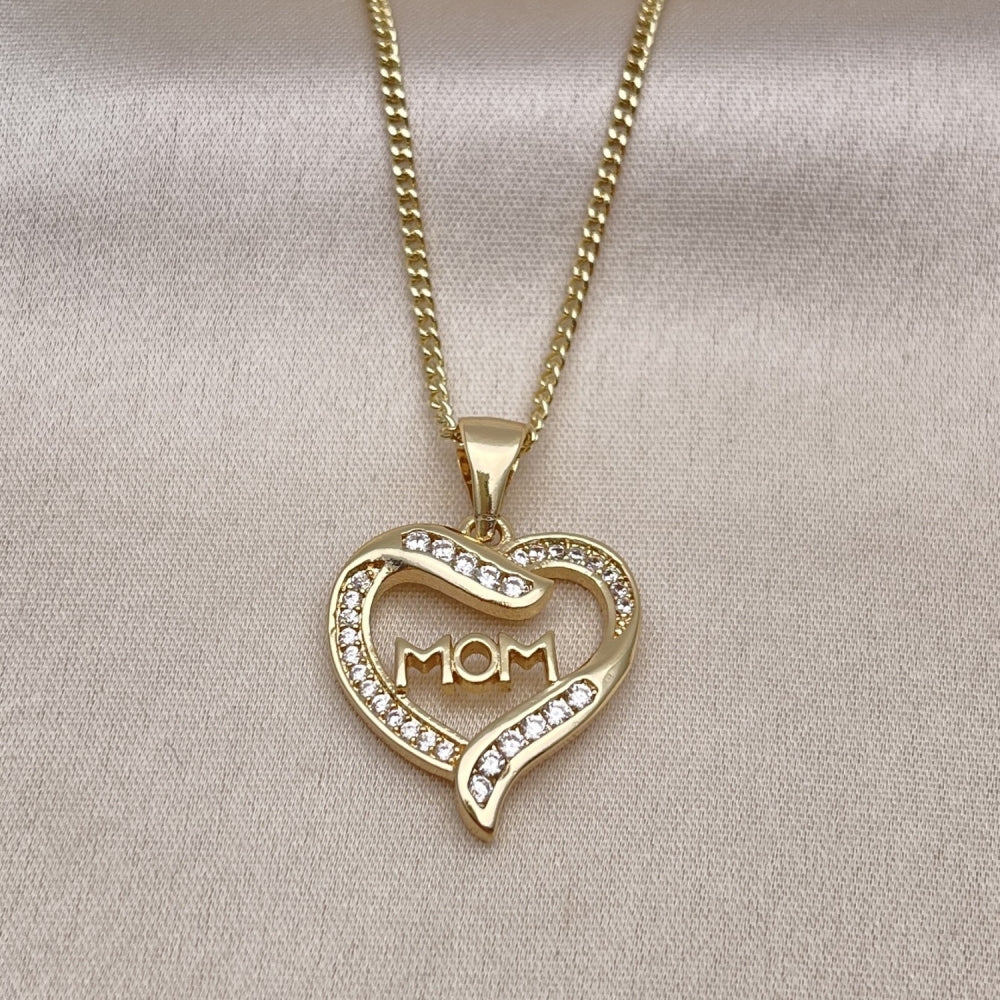 Oro Laminado Pendant Necklace, Gold Filled Style Mom and Heart Design, with White Micro Pave and White Cubic Zirconia, Polished, Golden Finish