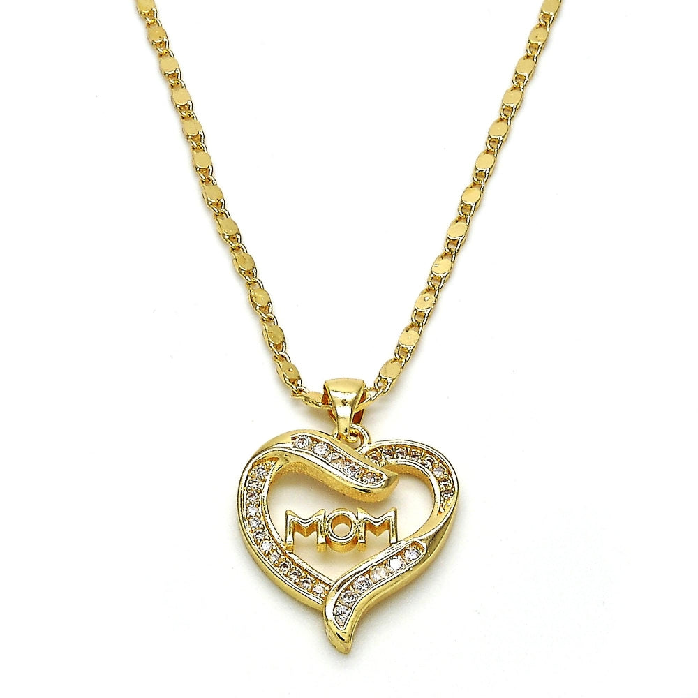 Oro Laminado Pendant Necklace, Gold Filled Style Mom and Heart Design, with White Micro Pave and White Cubic Zirconia, Polished, Golden Finish