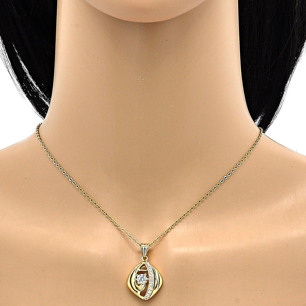 Oro Laminado Earring and Pendant Adult Set, Gold Filled Style with White Cubic Zirconia, Polished, Golden Finish