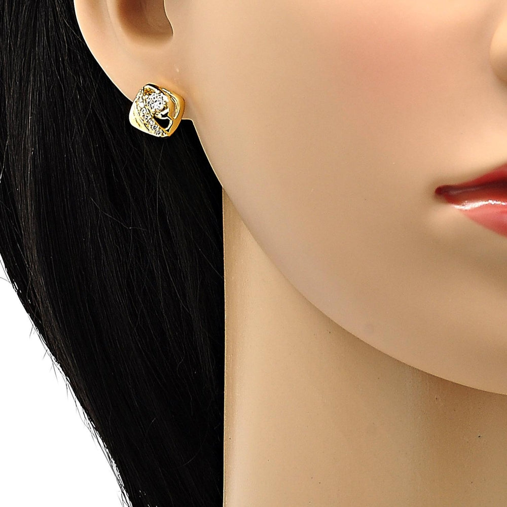 Oro Laminado Earring and Pendant Adult Set, Gold Filled Style with White Cubic Zirconia, Polished, Golden Finish
