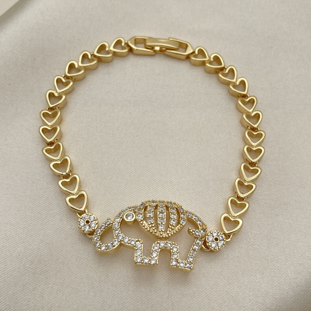 7" Gold Heart Bracelet w/ Elephant Design Sparkling Handmade Style - Gold Filled Style Bracelets 03.283.0040.07