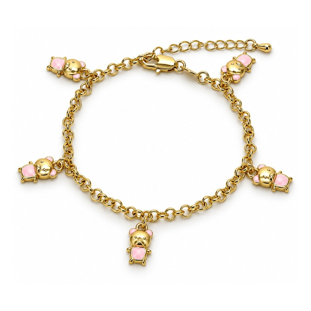 Oro Laminado Charm Bracelet, Gold Filled Style Teddy Bear and Rolo Design, Pink Enamel Finish, Golden Finish