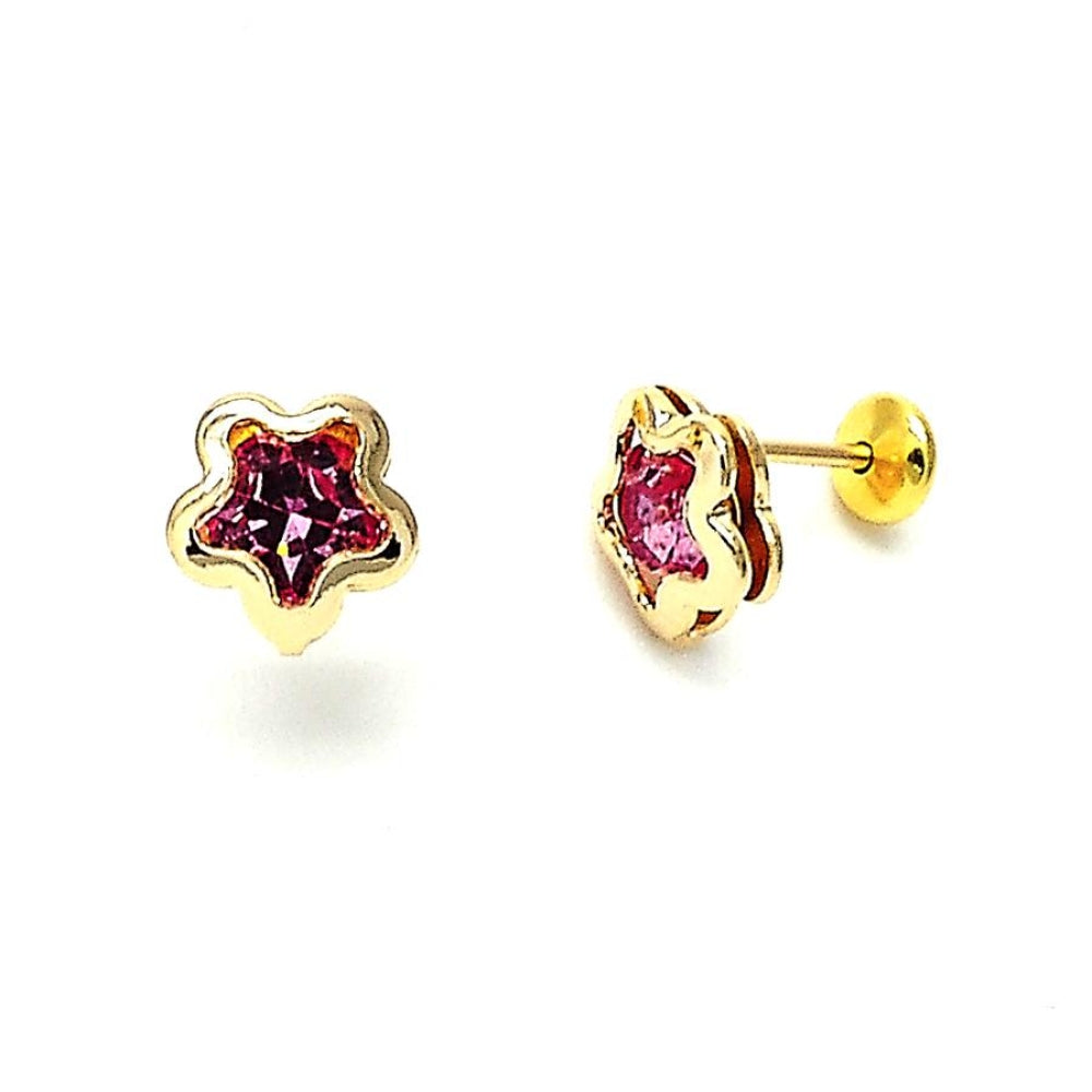 Oro Laminado Stud Earring, Gold Filled Style Star Design, with Light Rhodolite Cubic Zirconia, Polished, Golden Finish