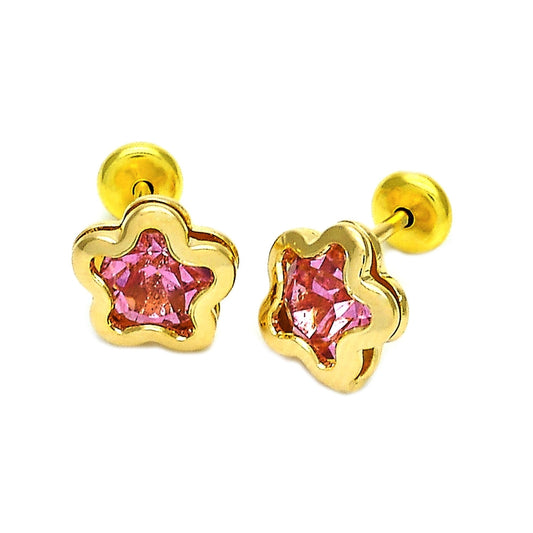 Oro Laminado Stud Earring, Gold Filled Style Star Design, with Light Rhodolite Cubic Zirconia, Polished, Golden Finish