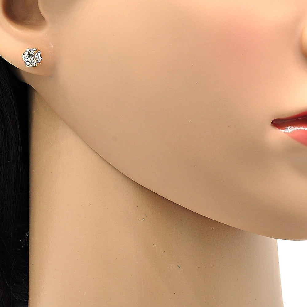 Oro Laminado Stud Earring, Gold Filled Style with White Crystal, Polished, Golden Finish