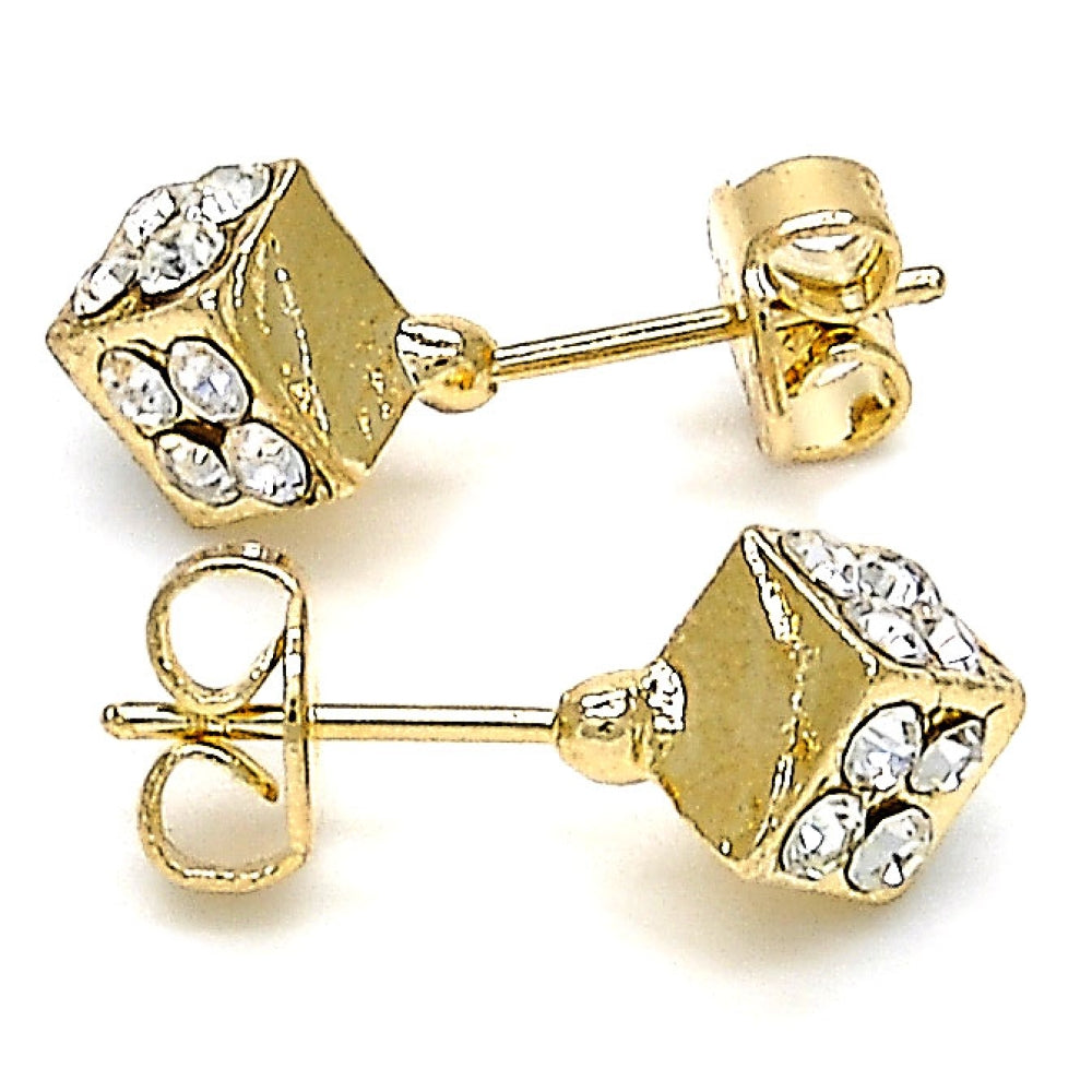 Oro Laminado Stud Earring, Gold Filled Style with White Crystal, Polished, Golden Finish