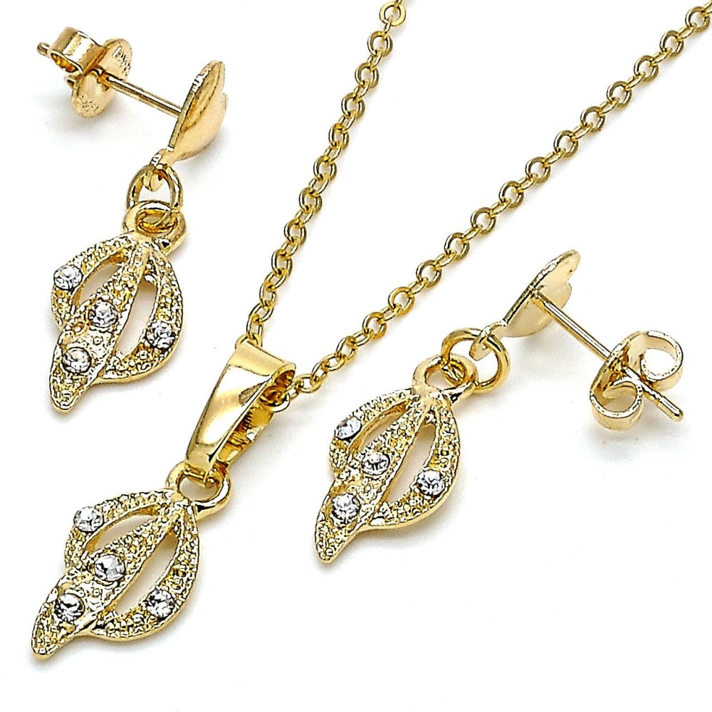 Oro Laminado Earring and Pendant Adult Set, Gold Filled Style with White Crystal, Polished, Golden Finish