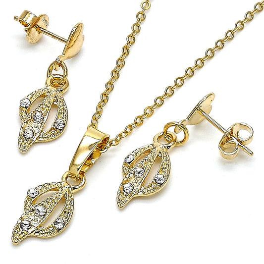 Oro Laminado Earring and Pendant Adult Set, Gold Filled Style with White Crystal, Polished, Golden Finish