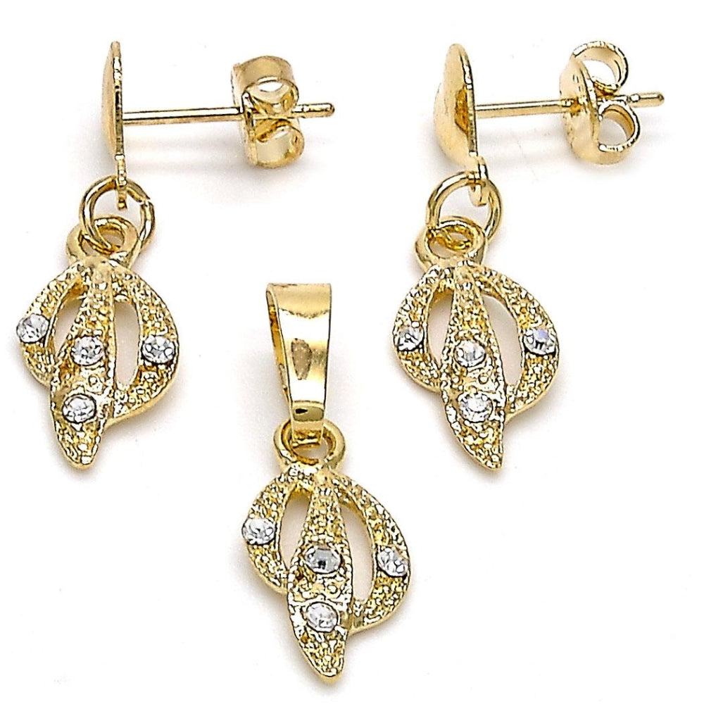 Oro Laminado Earring and Pendant Adult Set, Gold Filled Style with White Crystal, Polished, Golden Finish