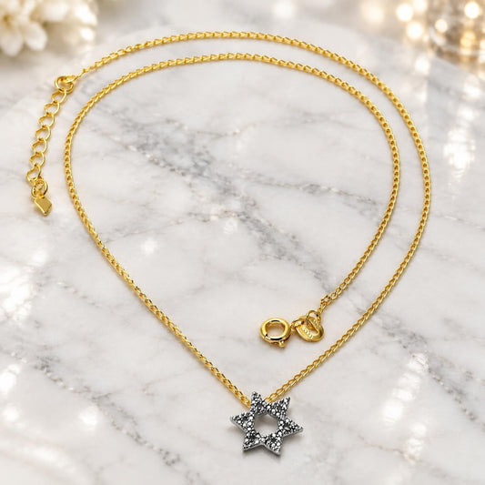 Oro Laminado Pendant Necklace, Gold Filled Style Judaica and Star of David Design, Matte Finish, Two Tone