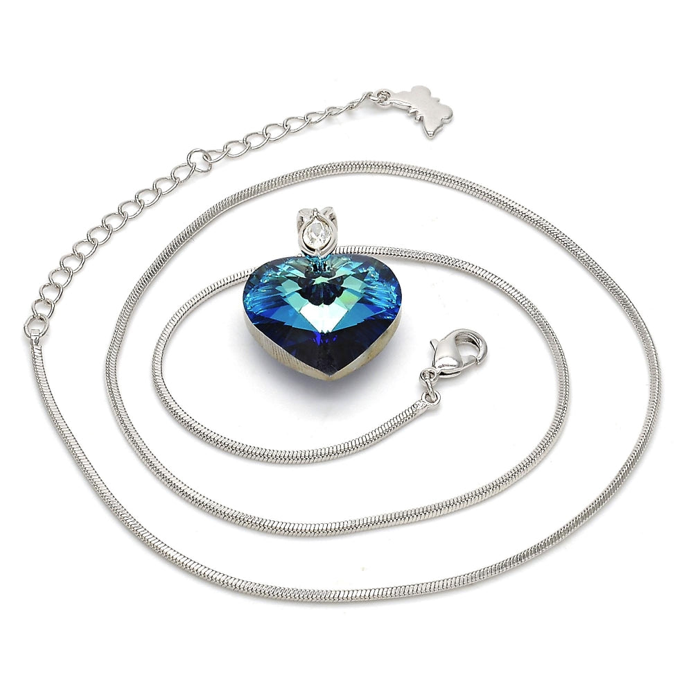 Rhodium Gold Filled Pendant Necklace, Heart and Rat Tail Design, with Bermuda Blue Swarovski Crystals and White Crystal, Polished, Rhodium Finish