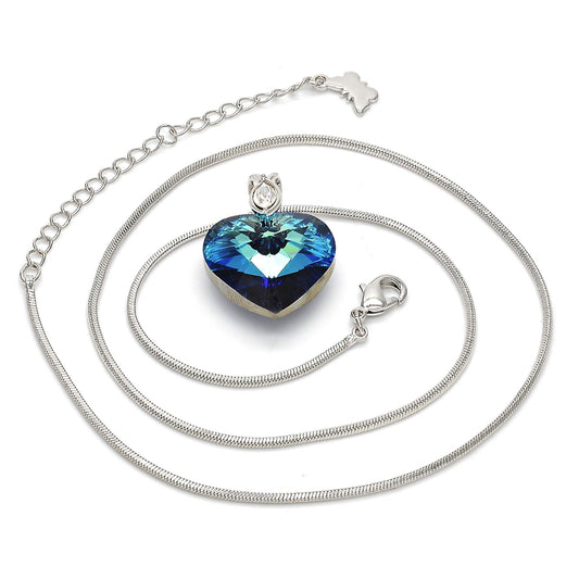Rhodium Gold Filled Pendant Necklace, Heart and Rat Tail Design, with Bermuda Blue Swarovski Crystals and White Crystal, Polished, Rhodium Finish