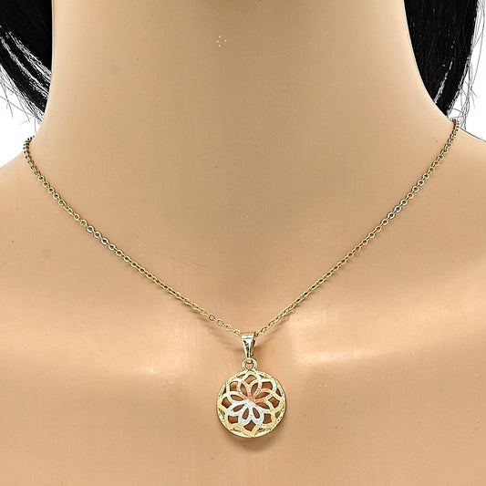 Oro Laminado Earring and Pendant Adult Set, Gold Filled Style Flower Design, Polished, Tricolor