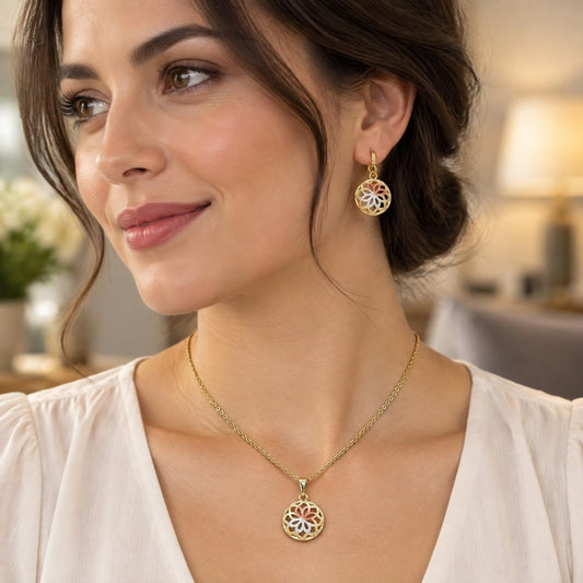 Oro Laminado Earring and Pendant Adult Set, Gold Filled Style Flower Design, Polished, Tricolor