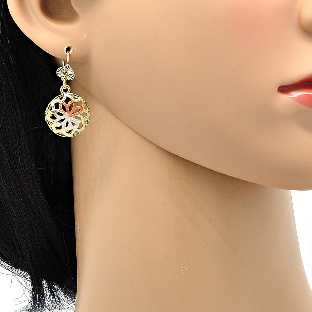 Oro Laminado Earring and Pendant Adult Set, Gold Filled Style Flower Design, Polished, Tricolor