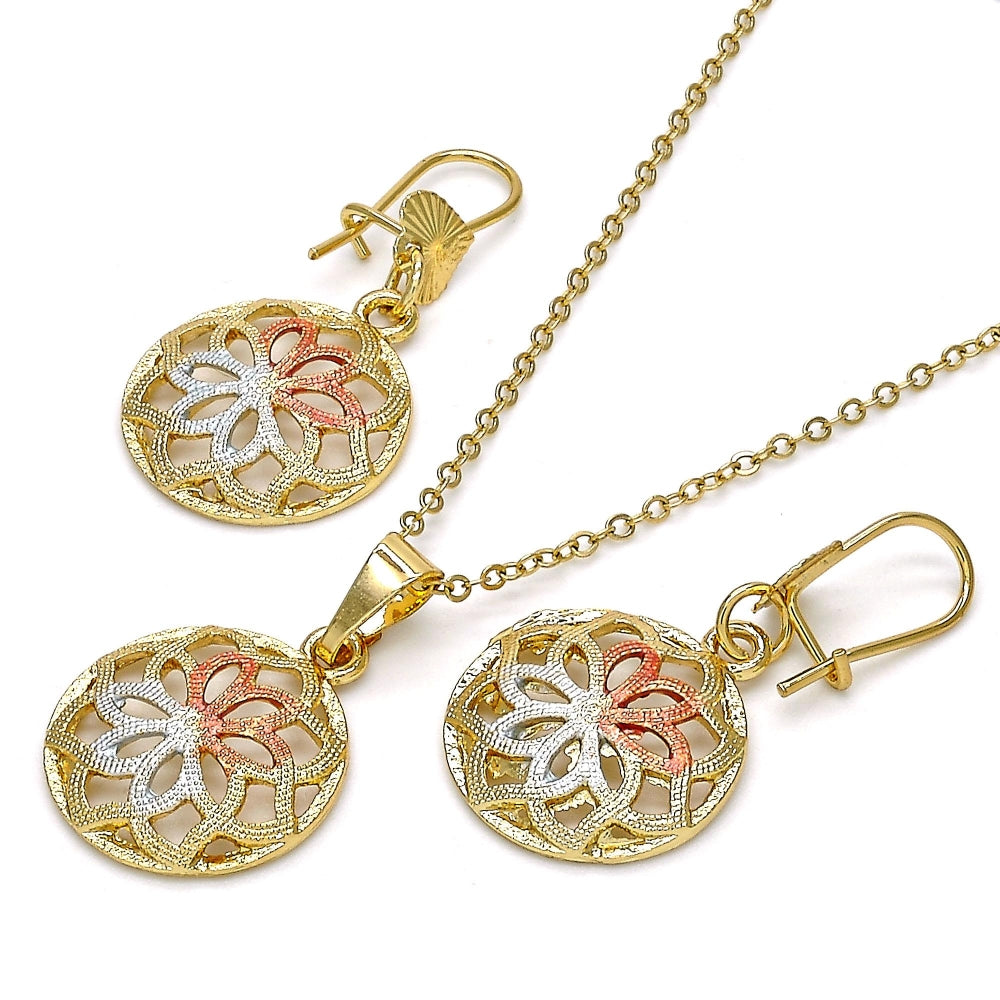 Oro Laminado Earring and Pendant Adult Set, Gold Filled Style Flower Design, Polished, Tricolor