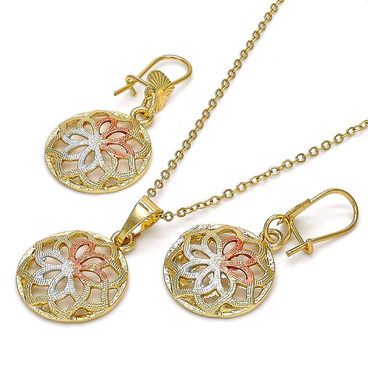 Oro Laminado Earring and Pendant Adult Set, Gold Filled Style Flower Design, Polished, Tricolor