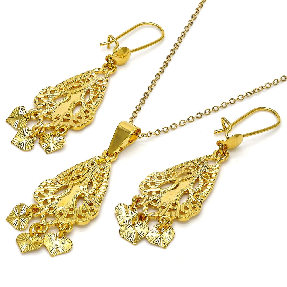 Oro Laminado Earring and Pendant Adult Set, Gold Filled Style Heart Design, Diamond Cutting Finish, Golden Finish