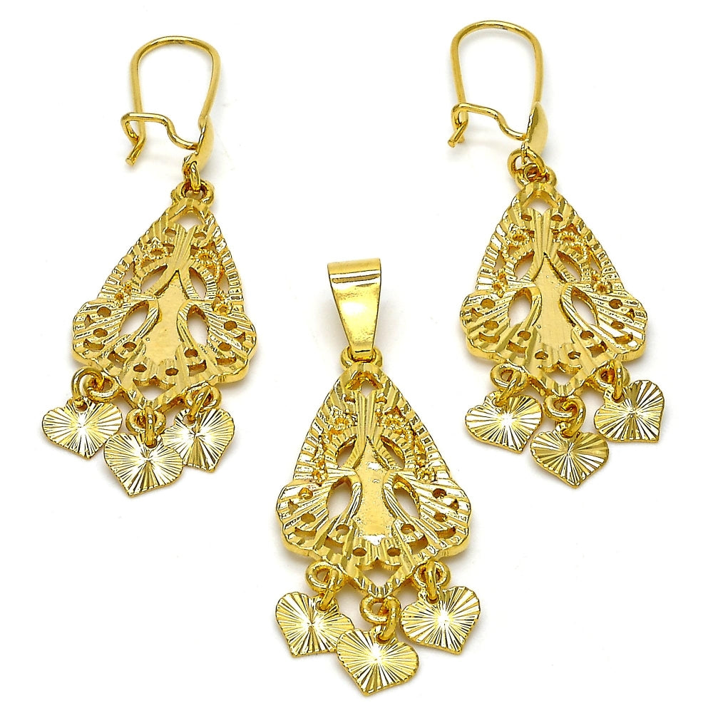 Oro Laminado Earring and Pendant Adult Set, Gold Filled Style Heart Design, Diamond Cutting Finish, Golden Finish