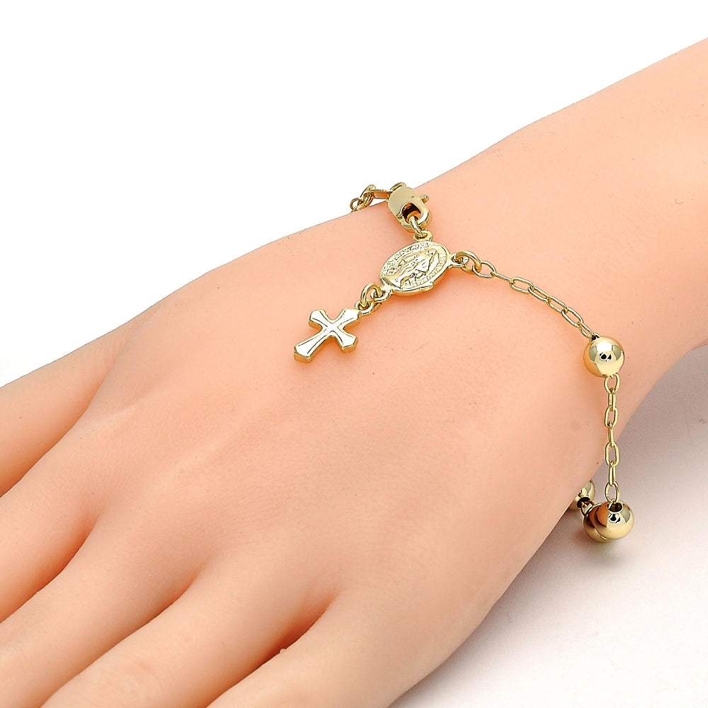 Oro Laminado Bracelet Rosary, Gold Filled Style Virgen Maria and Cross Design, Polished, Golden Finish