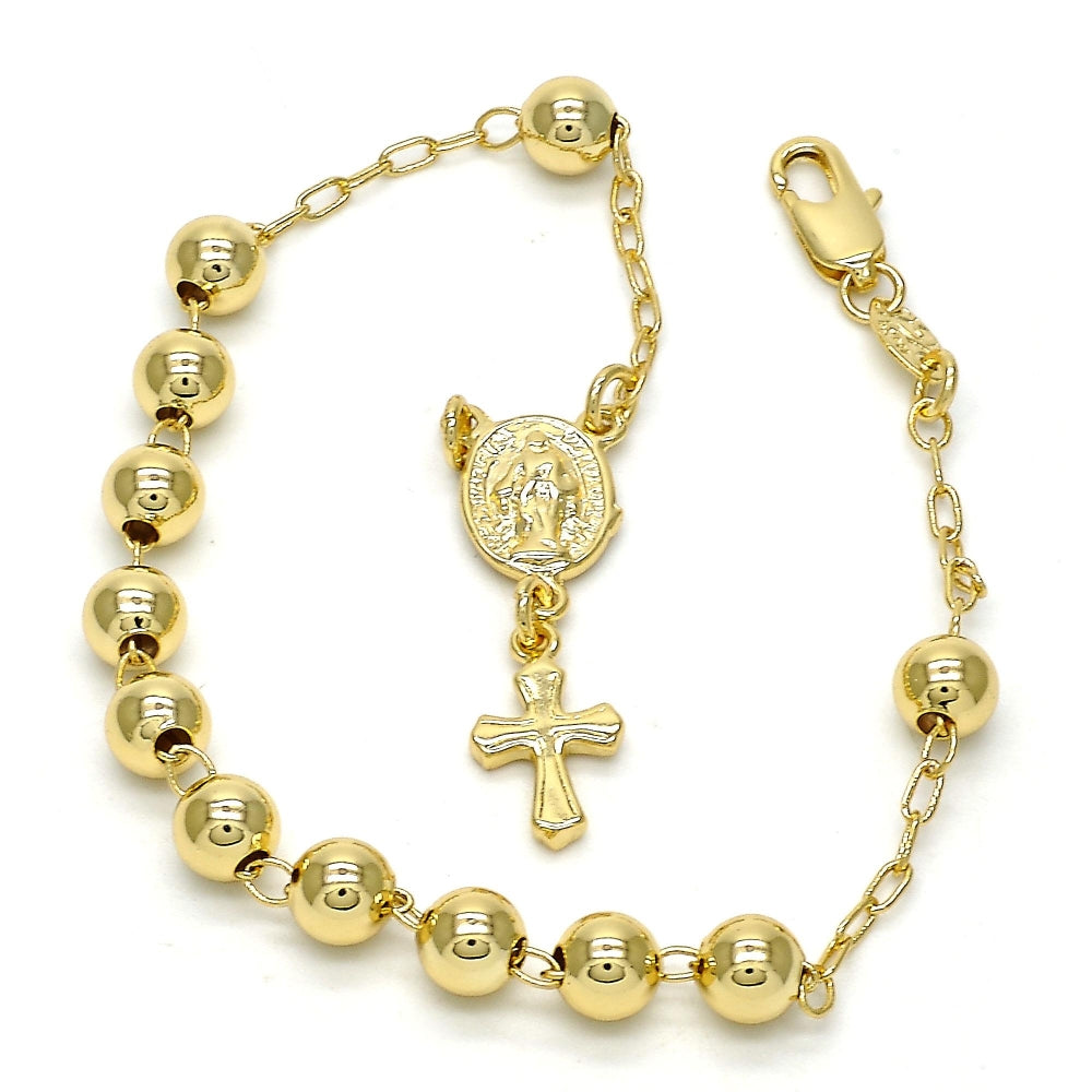 Oro Laminado Bracelet Rosary, Gold Filled Style Virgen Maria and Cross Design, Polished, Golden Finish