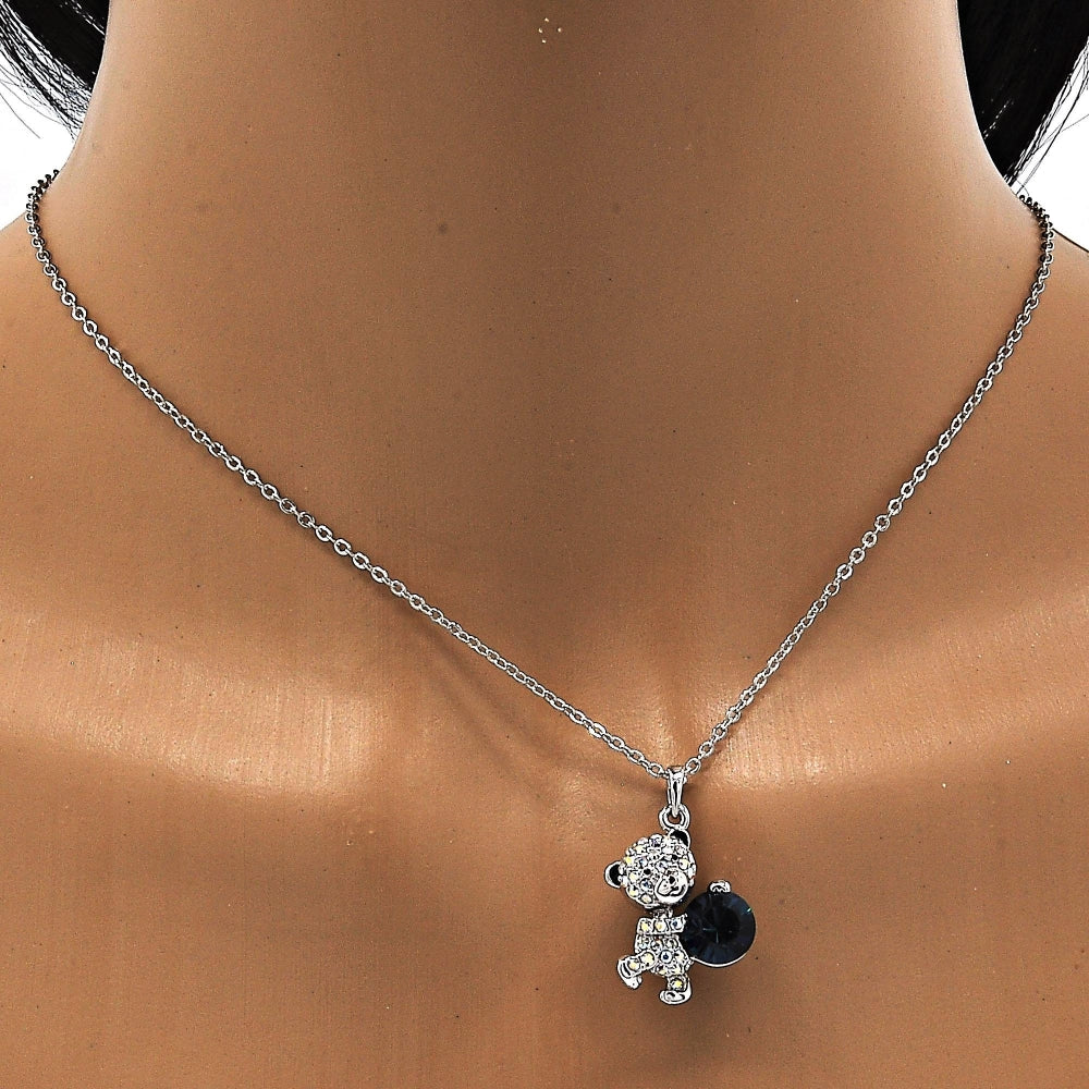 Rhodium Gold Filled Pendant Necklace, Teddy Bear Design, with Montana and Aurore Boreale Swarovski Crystals, Black Enamel Finish, Rhodium Finish
