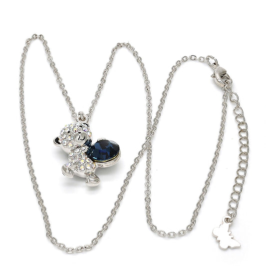 Rhodium Gold Filled Pendant Necklace, Teddy Bear Design, with Montana and Aurore Boreale Swarovski Crystals, Black Enamel Finish, Rhodium Finish
