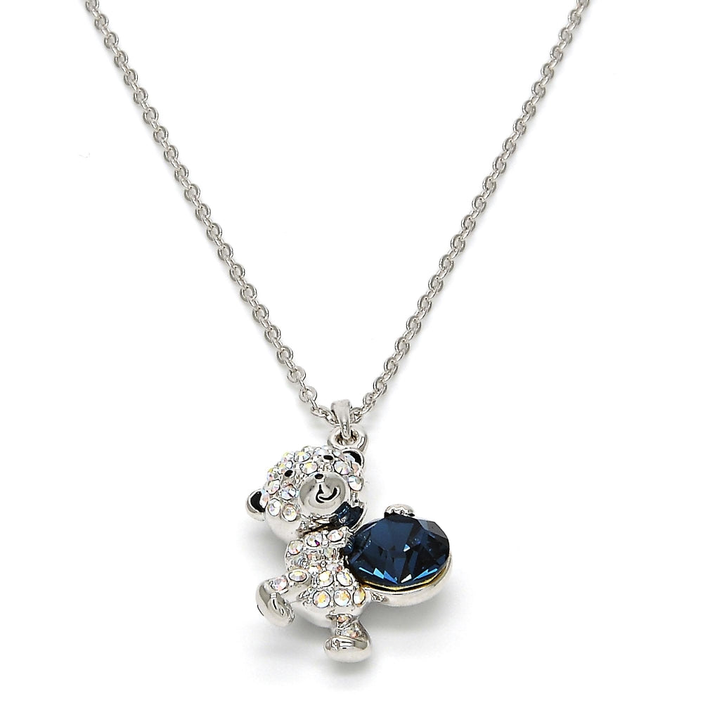 Rhodium Gold Filled Pendant Necklace, Teddy Bear Design, with Montana and Aurore Boreale Swarovski Crystals, Black Enamel Finish, Rhodium Finish