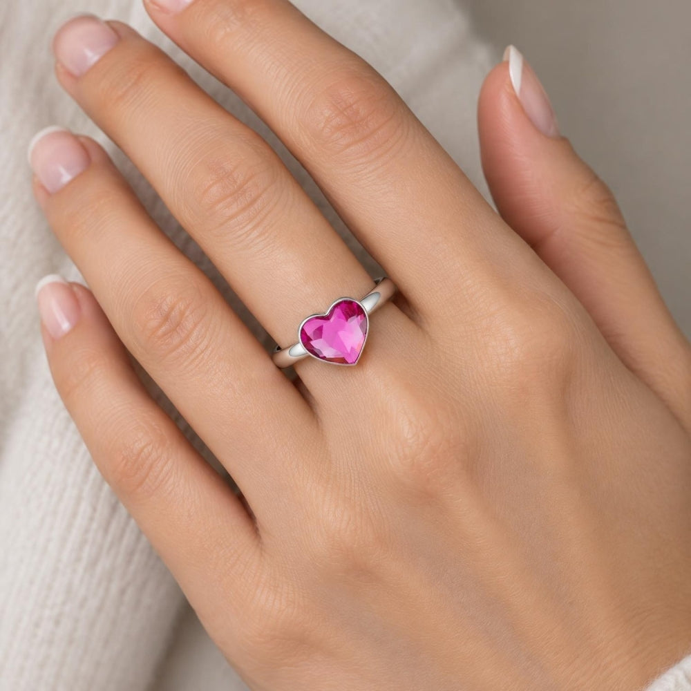 White Gold Filled Multi Stone Ring, Heart Design, with Rose Swarovski Crystals, Polished, Rhodium Finish