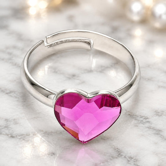 White Gold Filled Multi Stone Ring, Heart Design, with Rose Swarovski Crystals, Polished, Rhodium Finish