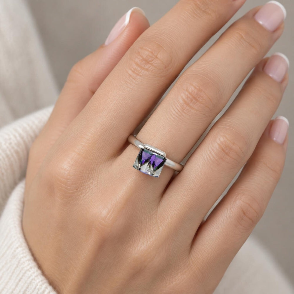 White Gold Filled Multi Stone Ring, with Heliotrope Swarovski Crystals, Polished, Rhodium Finish
