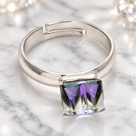 White Gold Filled Multi Stone Ring, with Heliotrope Swarovski Crystals, Polished, Rhodium Finish