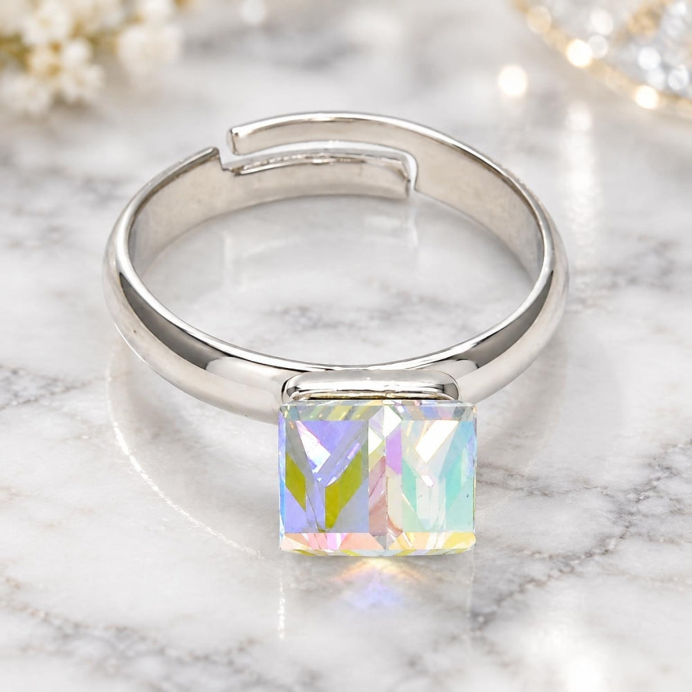 White Gold Filled Multi Stone Ring, with Aurore Boreale Swarovski Crystals, Polished, Rhodium Finish