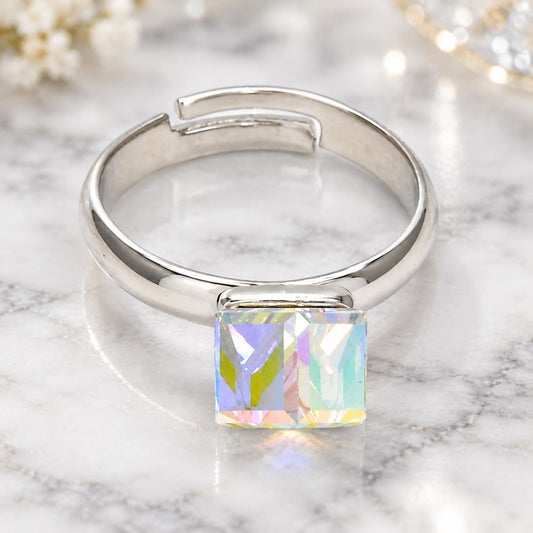 White Gold Filled Multi Stone Ring, with Aurore Boreale Swarovski Crystals, Polished, Rhodium Finish