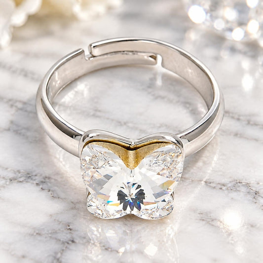 White Gold Filled Multi Stone Ring, Butterfly Design, with Crystal Swarovski Crystals, Polished, Rhodium Finish