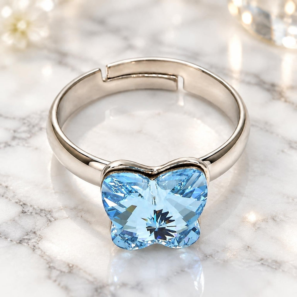 White Gold Filled Multi Stone Ring, Butterfly Design, with Aquamarine Swarovski Crystals, Polished, Rhodium Finish