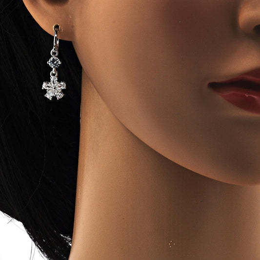 Rhodium Gold Filled Long Earring, Flower Design, with White Cubic Zirconia, Polished, Rhodium Finish