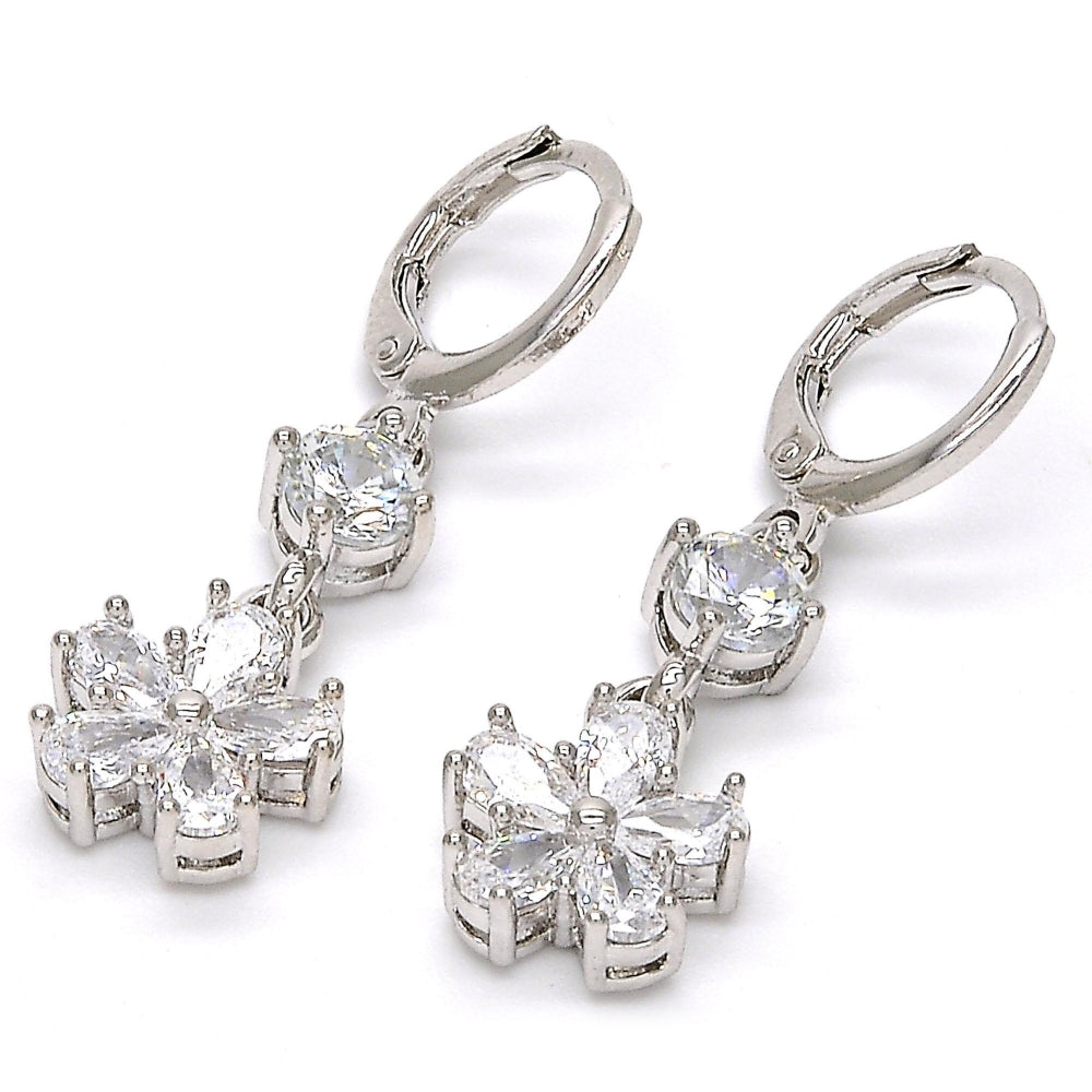 Rhodium Gold Filled Long Earring, Flower Design, with White Cubic Zirconia, Polished, Rhodium Finish
