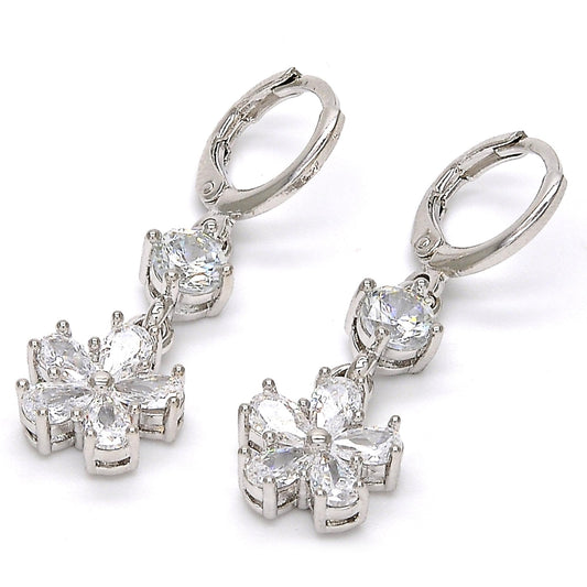 Rhodium Gold Filled Long Earring, Flower Design, with White Cubic Zirconia, Polished, Rhodium Finish
