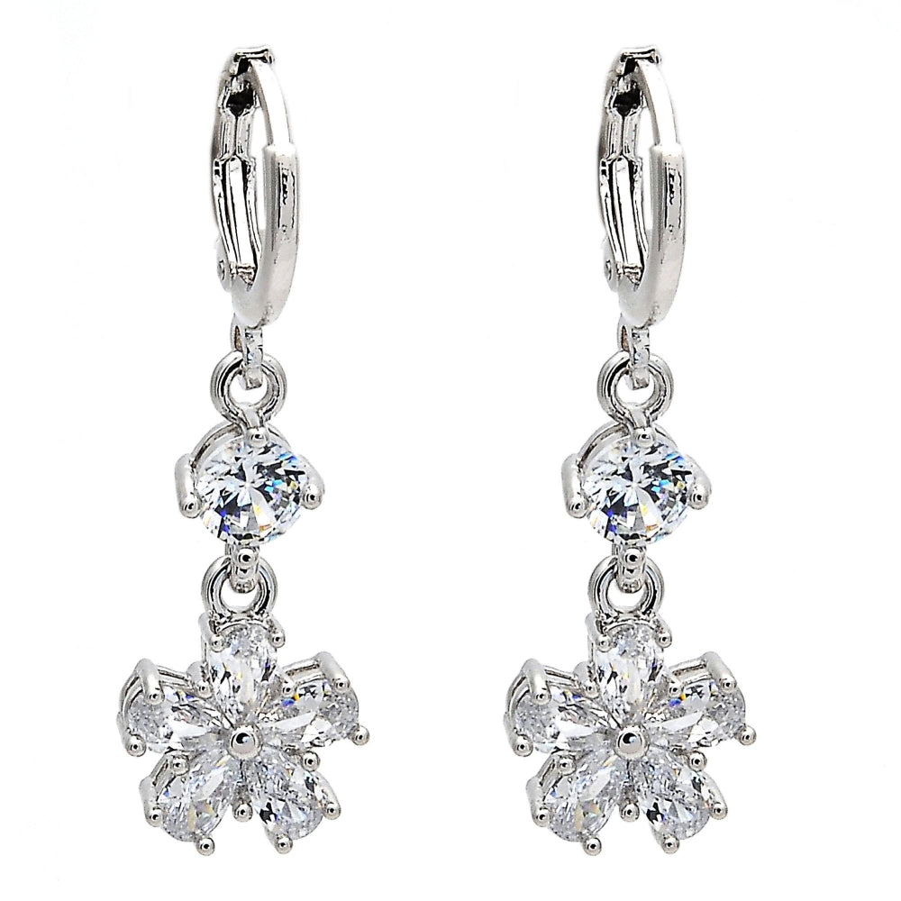Rhodium Gold Filled Long Earring, Flower Design, with White Cubic Zirconia, Polished, Rhodium Finish
