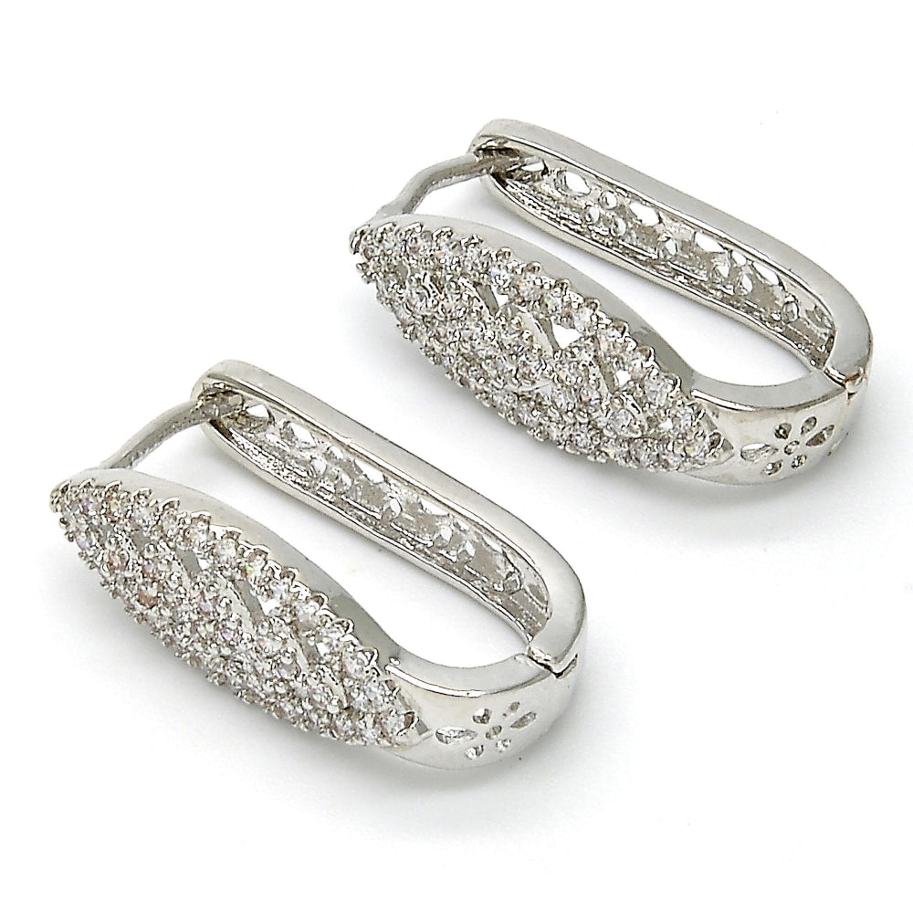 Rhodium Gold Filled Huggie Hoop, Heart Design, with White Micro Pave, Polished, Rhodium Finish