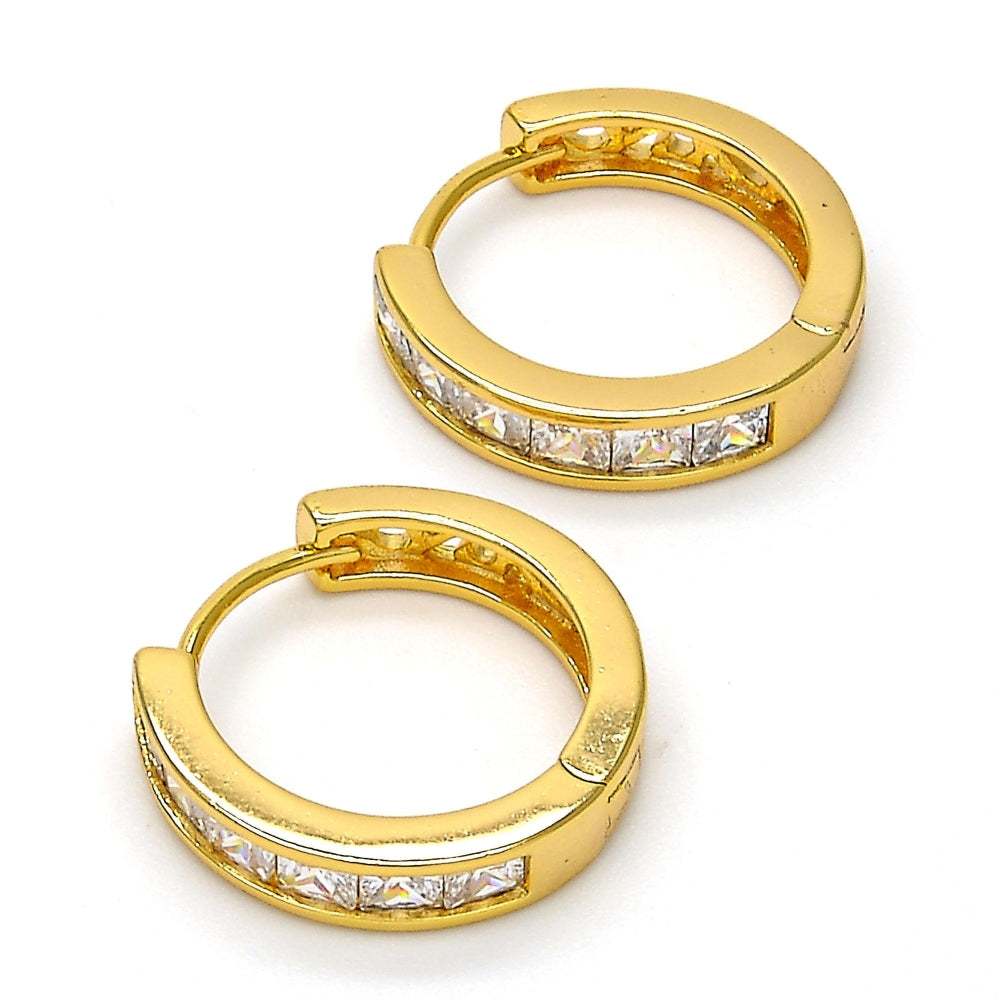 Oro Laminado Huggie Hoop, Gold Filled Style with White Cubic Zirconia, Polished, Golden Finish