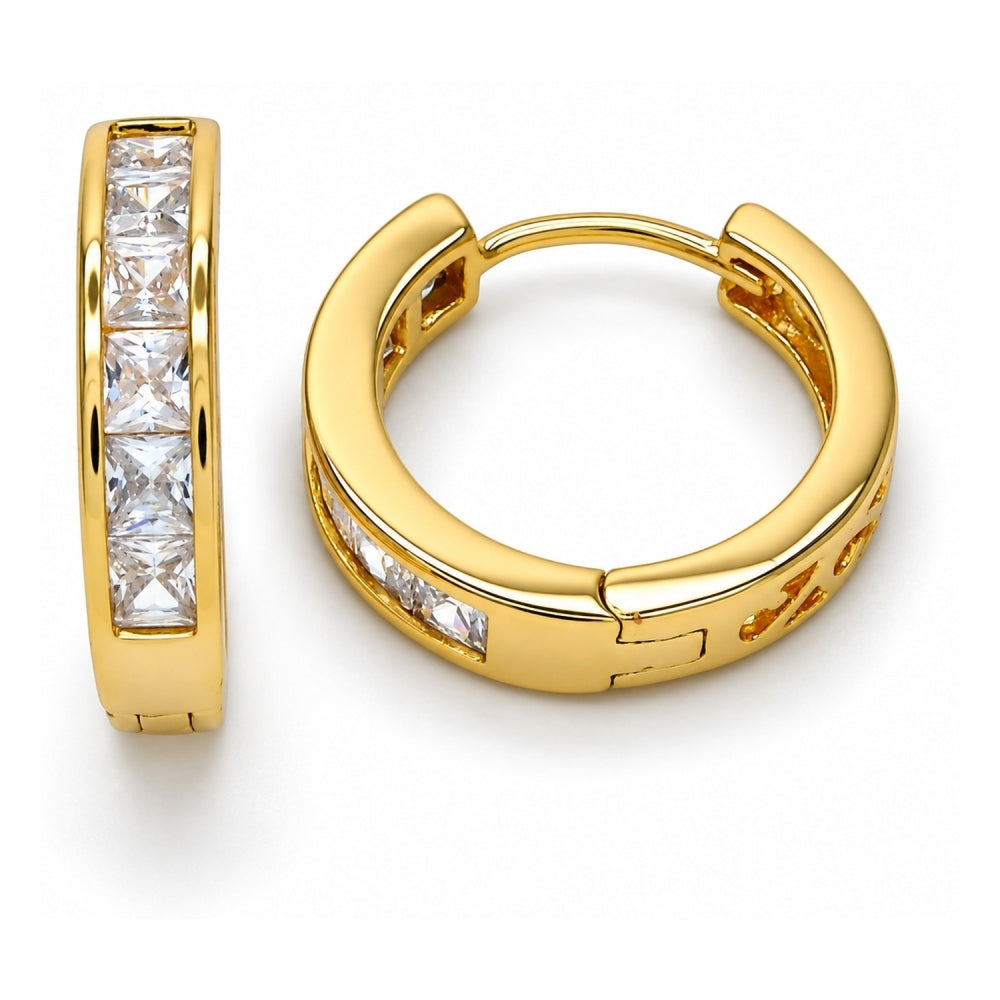 Oro Laminado Huggie Hoop, Gold Filled Style with White Cubic Zirconia, Polished, Golden Finish