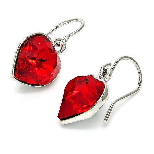 Rhodium Gold Filled Dangle Earring, Heart Design, with Light Siam Swarovski Crystals, Polished, Rhodium Finish