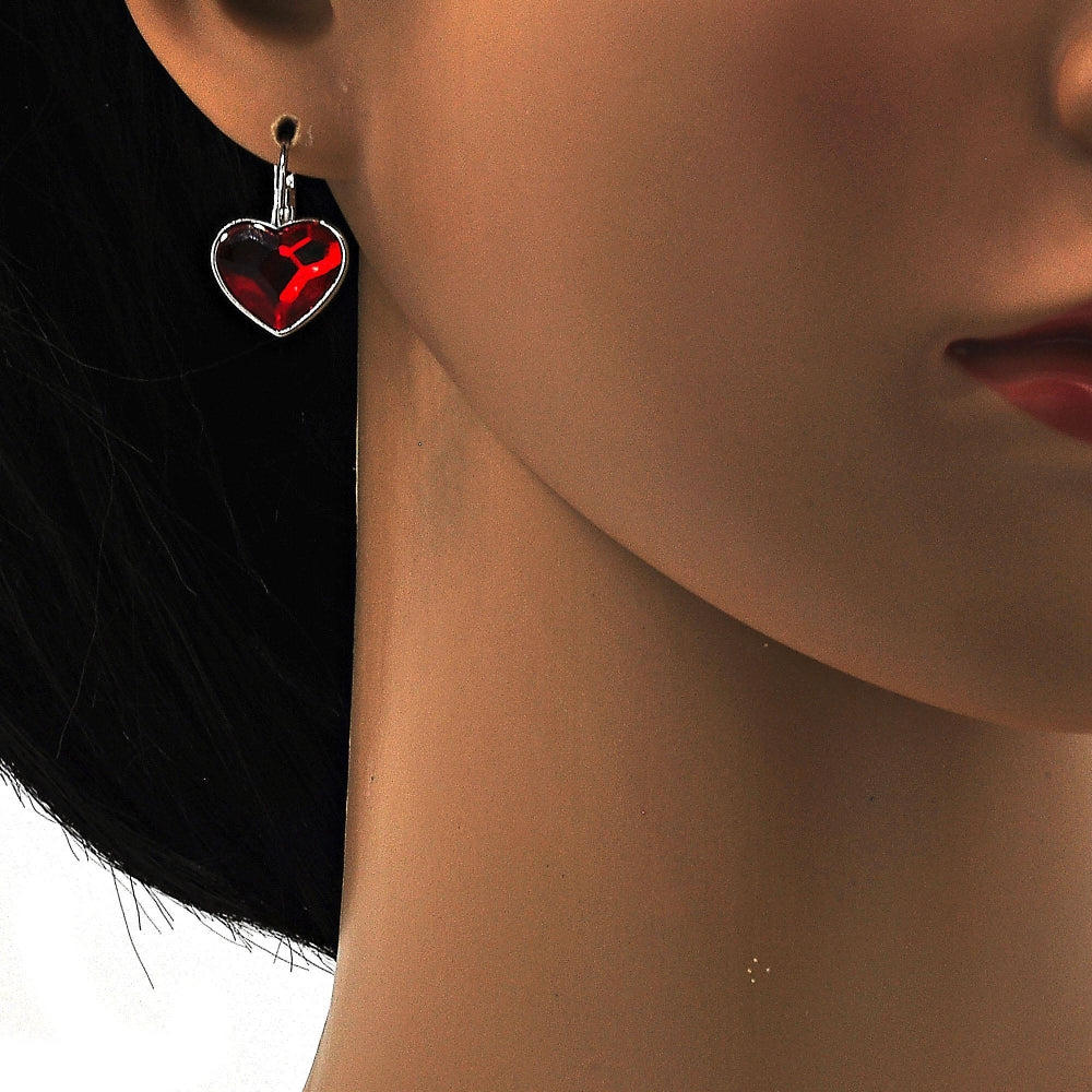 Rhodium Gold Filled Leverback Earring, Heart Design, with Light Siam Swarovski Crystals, Polished, Rhodium Finish