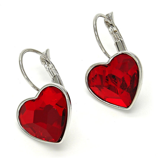 Rhodium Gold Filled Leverback Earring, Heart Design, with Light Siam Swarovski Crystals, Polished, Rhodium Finish
